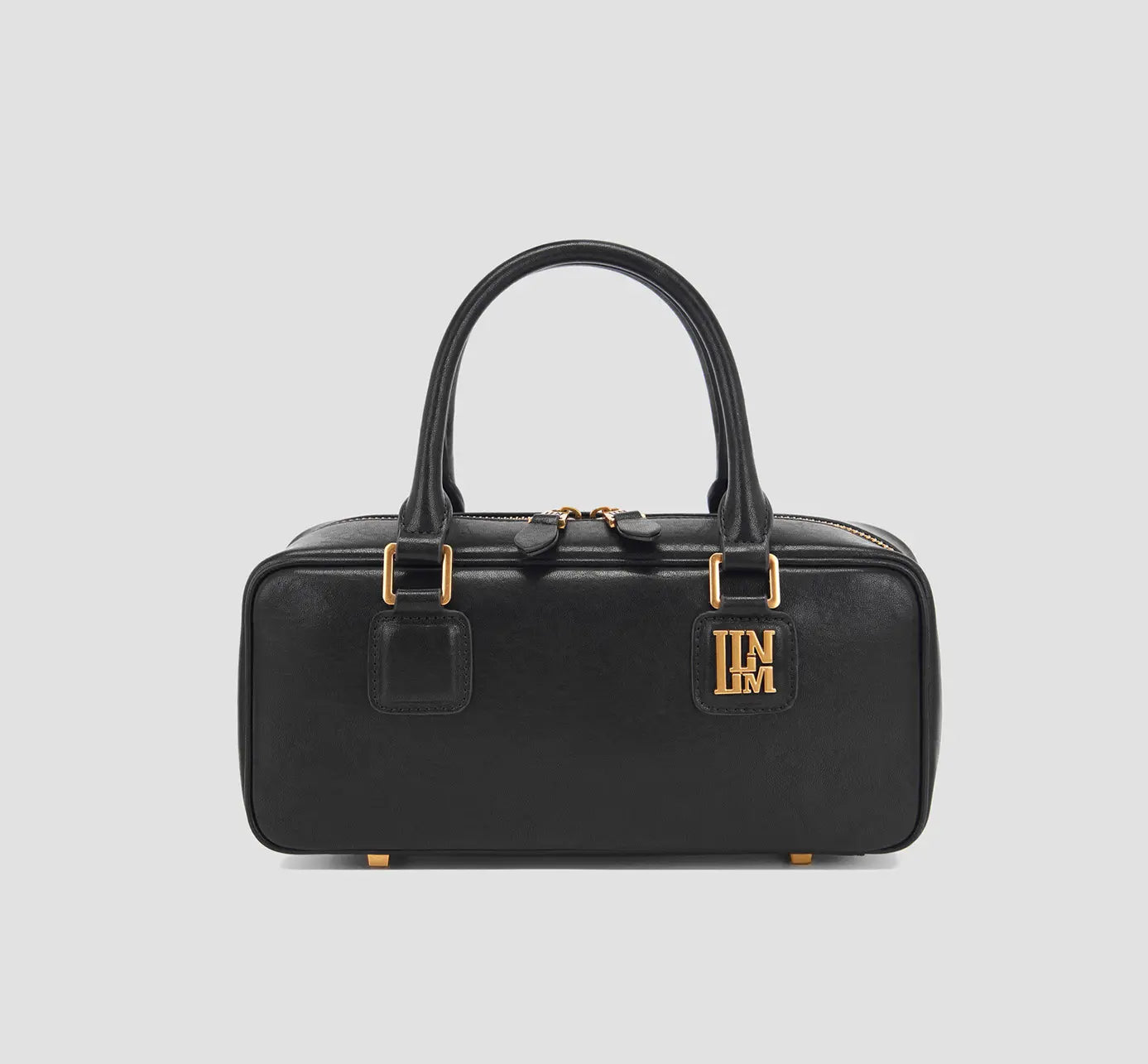 The front view of classic black leather handbag with top handles and bold gold llnllm logo.