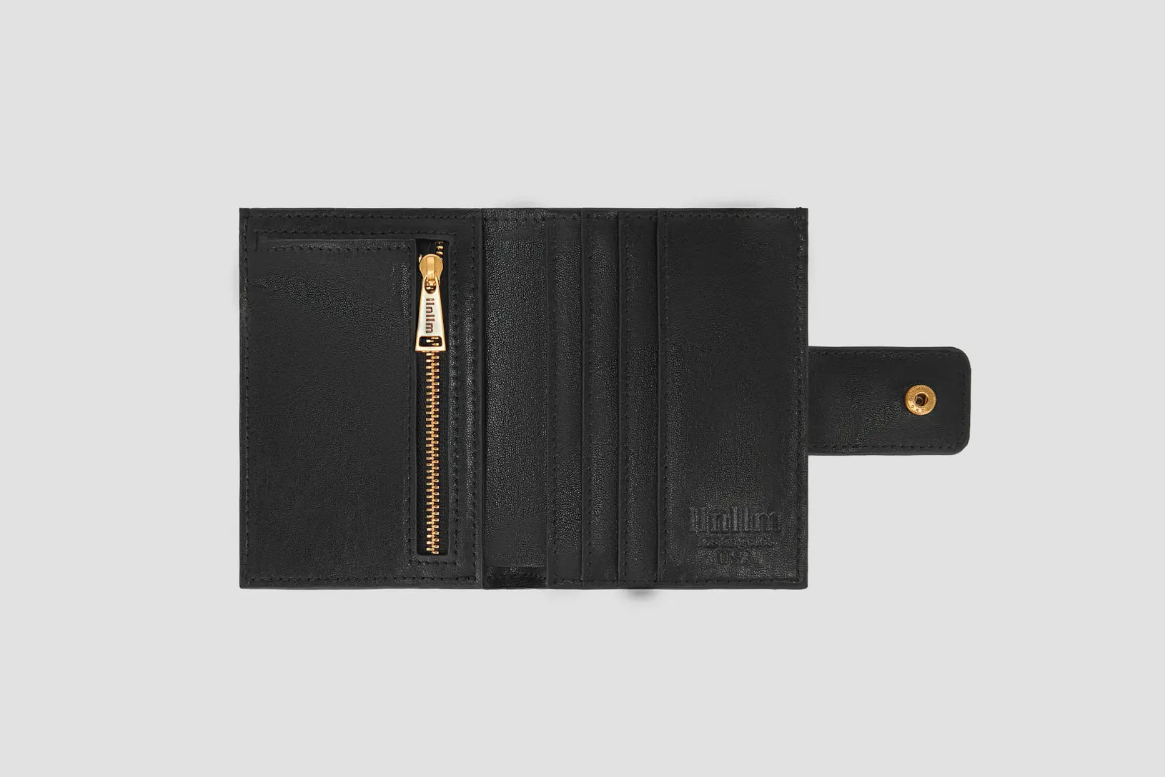 Inside of black llnllm wallet with card slots and gold zipper coin pocket.
