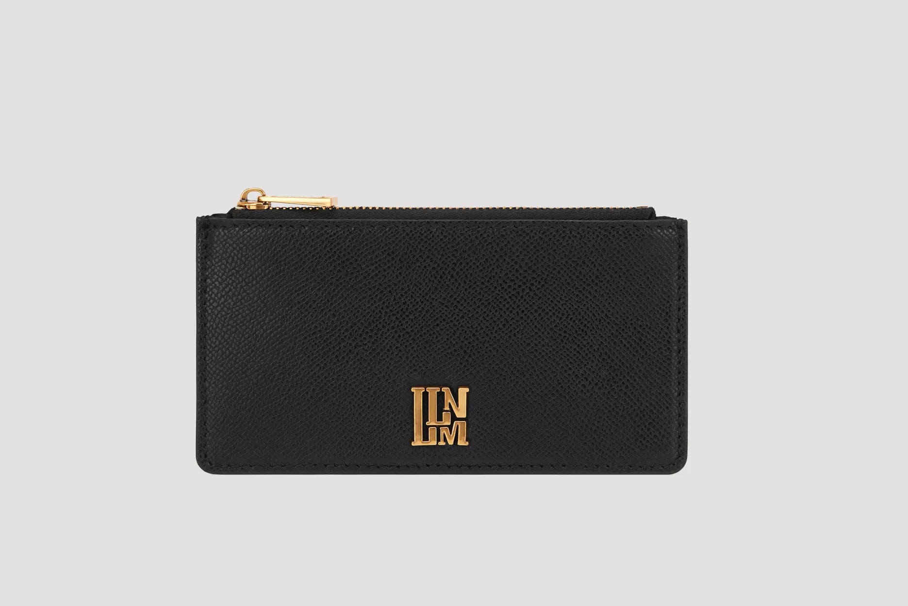 Black  leather llnllm card holder with gold zipper and logo.