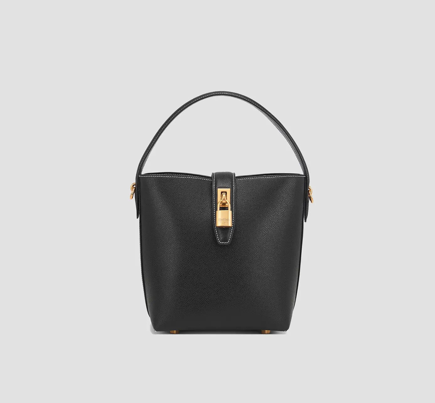 The front view of sleek black leather bucket bag with gold padlock clasp – luxury women’s shoulder handbag by llnllm.