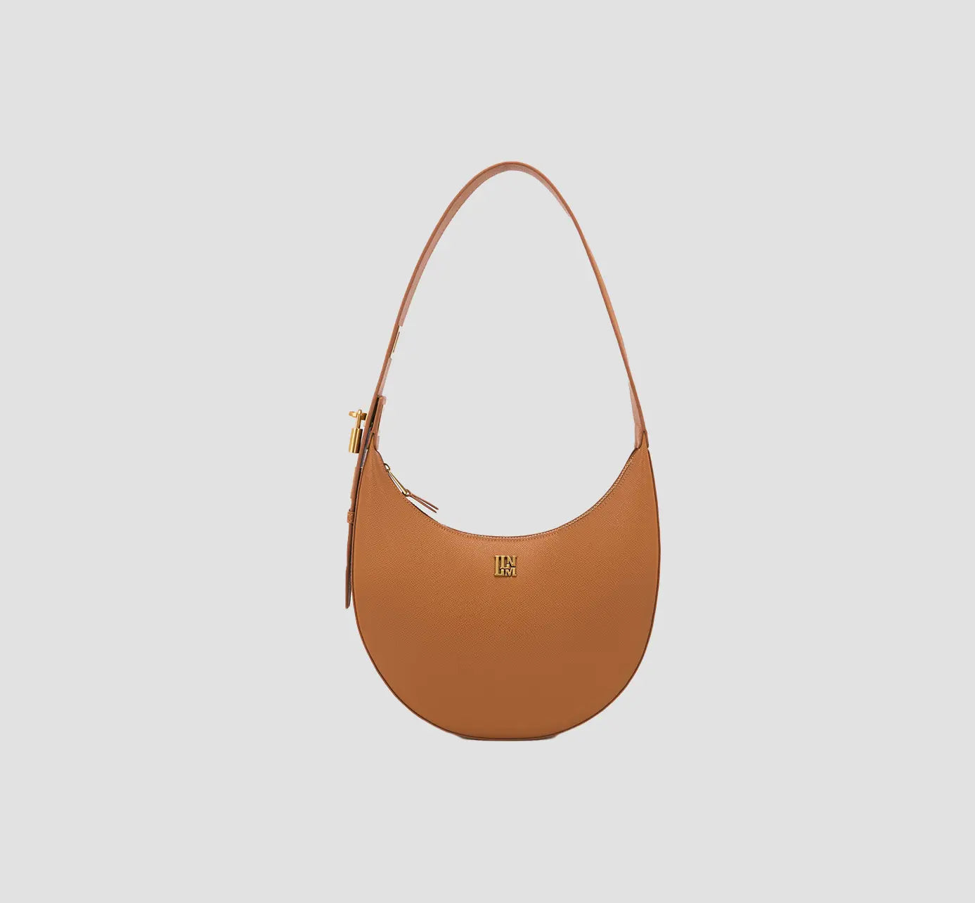 The front view of elegant brown crescent shoulder bag for women with gold llnllm logo – chic leather hobo purse for fashion.