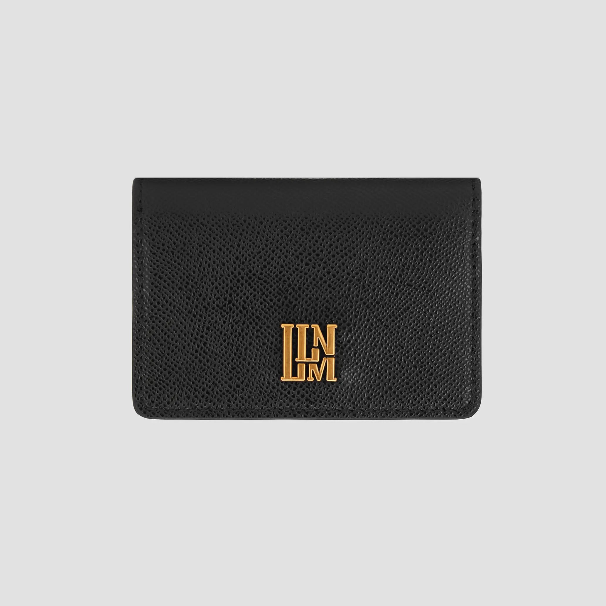 Front view of black wallet with gold logo accent.