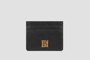 Black leather LLNLLM slim card holder with gold logo, minimalist design