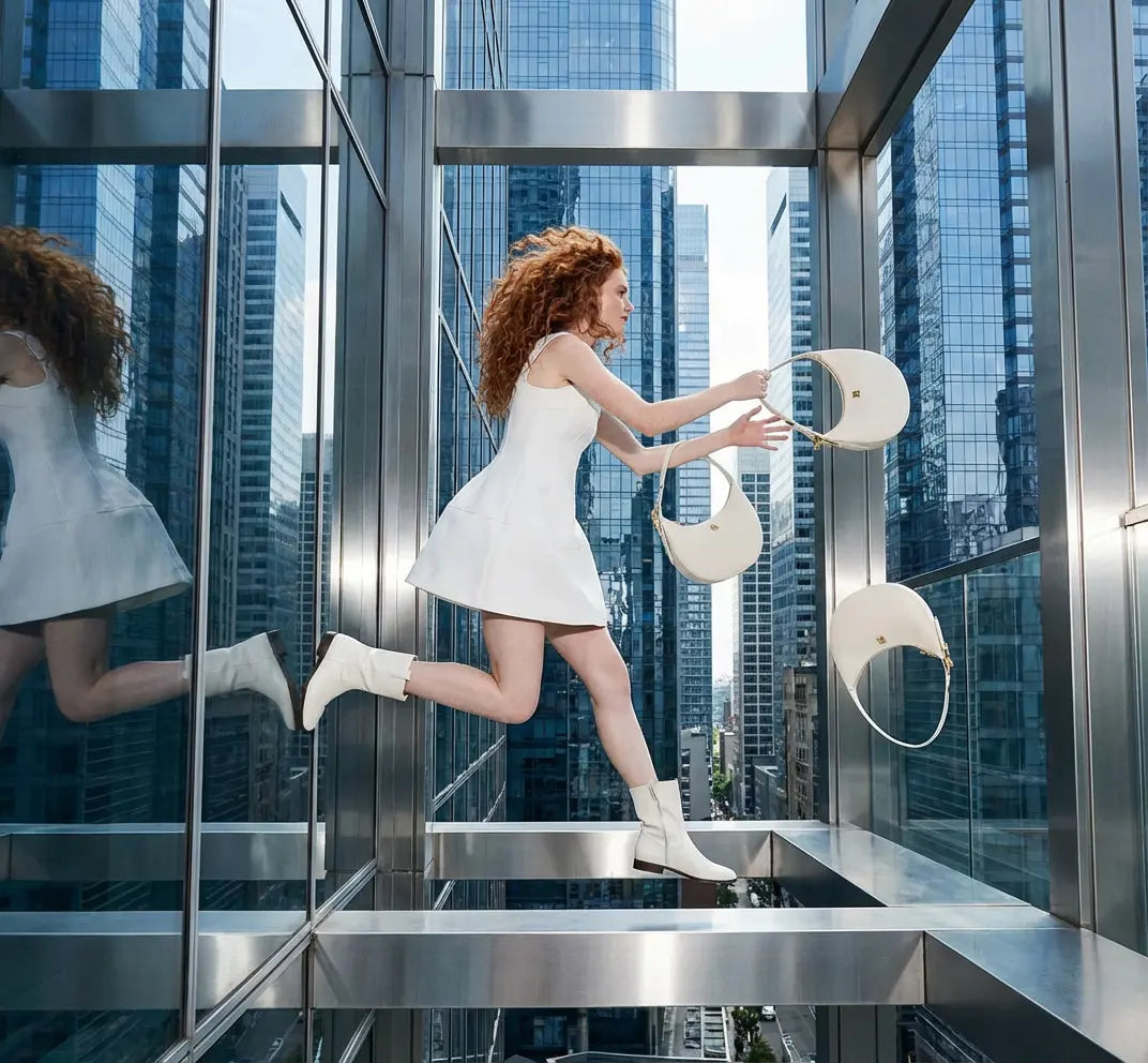 White leather half moon shoulder bag in modern architectural setting with glass buildings, contemporary luxury handbag with clean minimalist design.