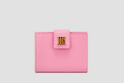 Pink leather llnllm women’s wallet with gold logo clasp, chic and playful design.