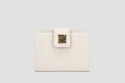 The front of white leather llnllm women’s wallet with gold logo clasp, modern minimalist style.