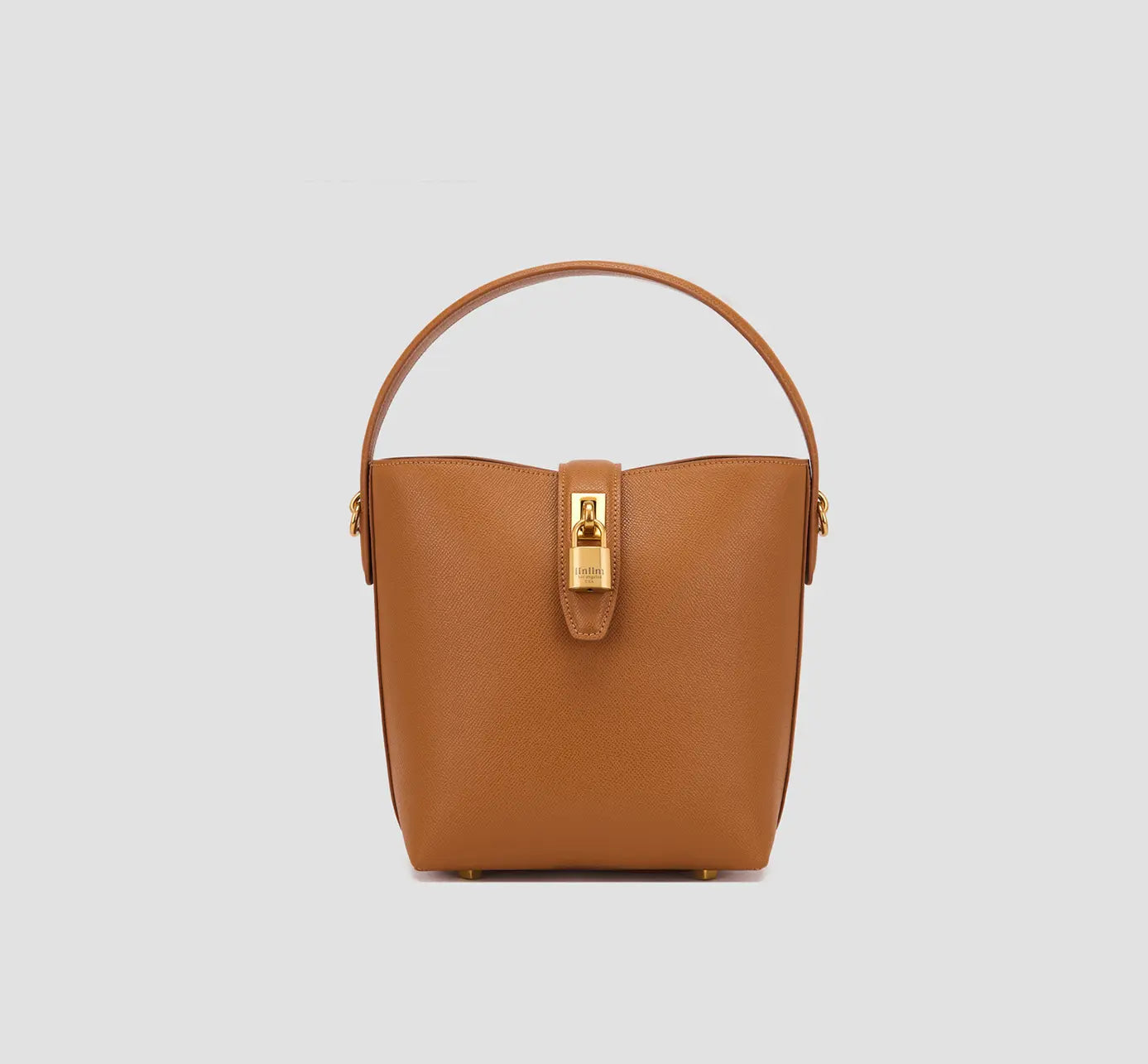 The front view of stylish brown leather bucket bag with gold padlock detail – llnllm women's shoulder purse for everyday use.