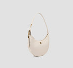The angled View of stylish ivory crescent bag with structured silhouette and adjustable shoulder strap – white hobo handbag for women.
