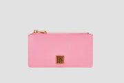 Pink textured leather llnllm card holder with gold zipper and logo.