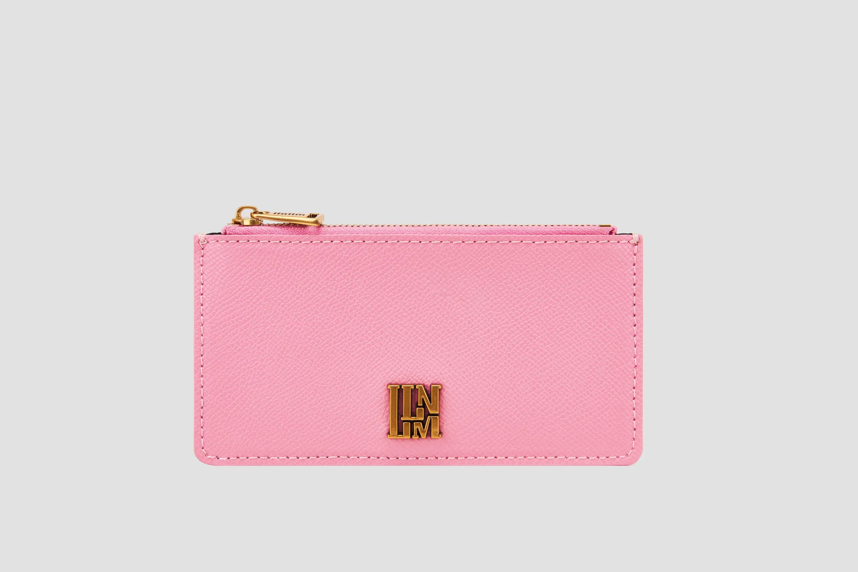 Pink textured leather llnllm card holder with gold zipper and logo.